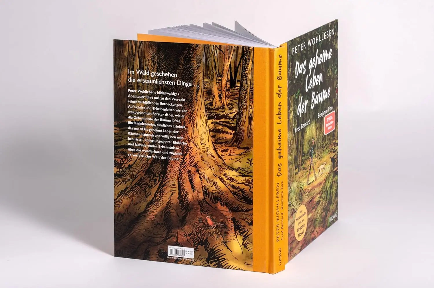 Buch mit dem Titel Das geheime Leben der Bäume von Peter Wohlleben aus Wohllebens Waldakademie, mit einem auf Vorder- und Rückseite abgebildeten, waldillustrierten Cover - ideal für Graphic-Novel-Liebhaber.