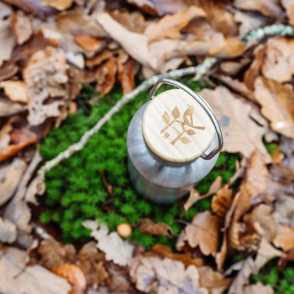 Die Edelstahl Trinkflasche von Wohllebens Waldakademie mit Holzdeckel steht auf grünem Moos, umgeben von braunen Blättern - die nachhaltige Begleiterin für unterwegs.