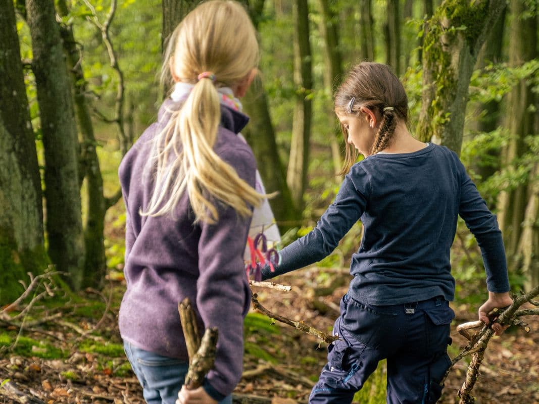 Zwei junge Mädchen mit Pferdeschwänzen spazieren mit Stöcken in der Hand durch einen üppigen Wald und verkörpern damit die Vision der Wohllebens Waldakademie, dass Kinder eine sinnvolle Verbindung zur Natur aufbauen.