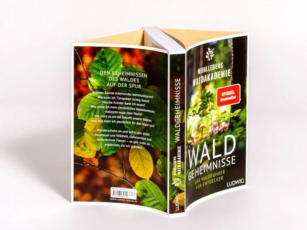 Das Buch mit dem Titel "Waldgeheimnisse" von Wohllebens Waldakademie, das auf dem Einband Waldbilder und hoch aufragende Bäume zeigt, ist teilweise aufgeschlagen vor einem weißen Hintergrund abgebildet.