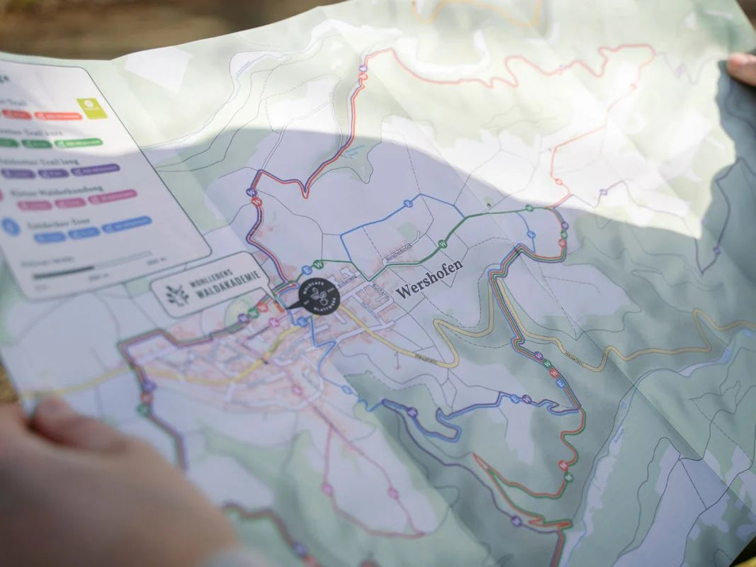 Jemand hat eine bunte Wanderkarte Vulkaneifel von Wohllebens Waldakademie in der Hand und erkundet die Wanderwege rund um Wershofen und die nähere Umgebung.
